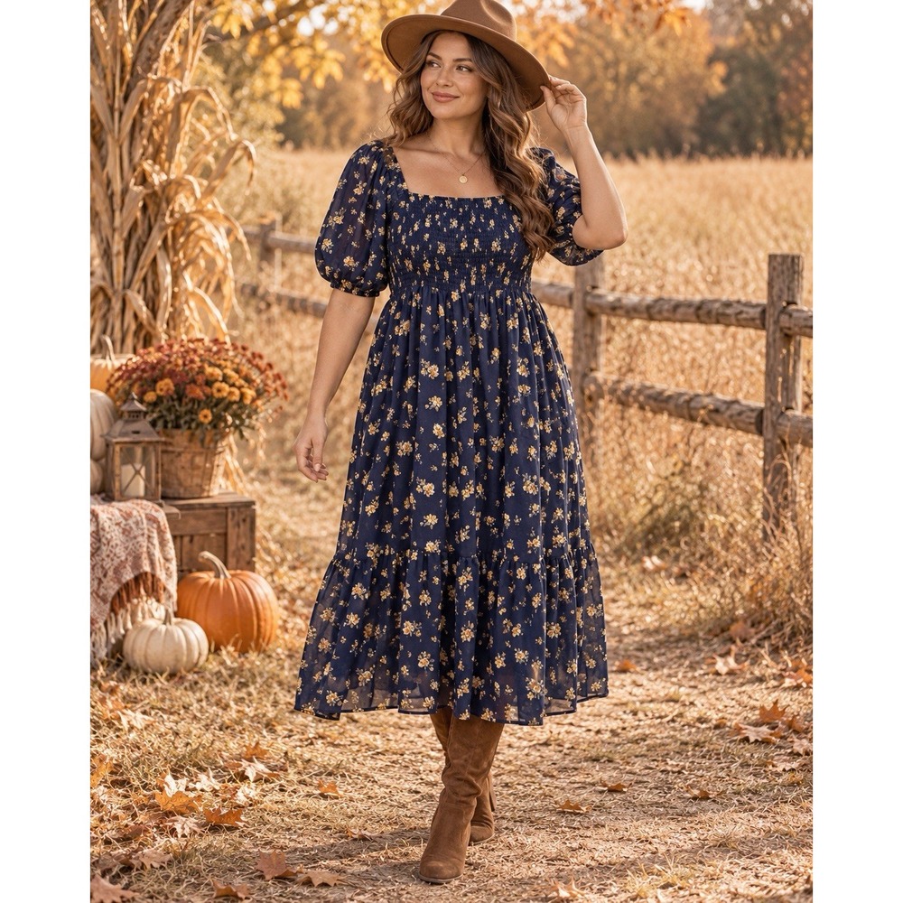 LC Lauren Conrad XL Navy Floral Smocked Dress Puff Sleeve Cottagecore Boho EE54